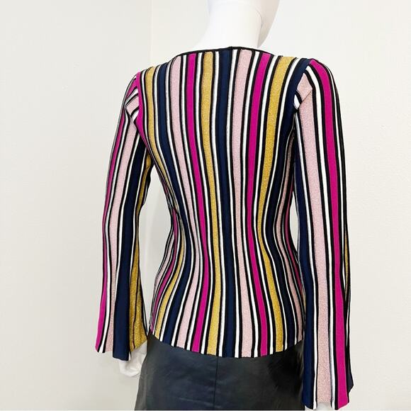 MILLY Striped Pink Gold Shimmer Shine Holiday Fitted Bell Sleeve Top Small - Picture 6 of 8